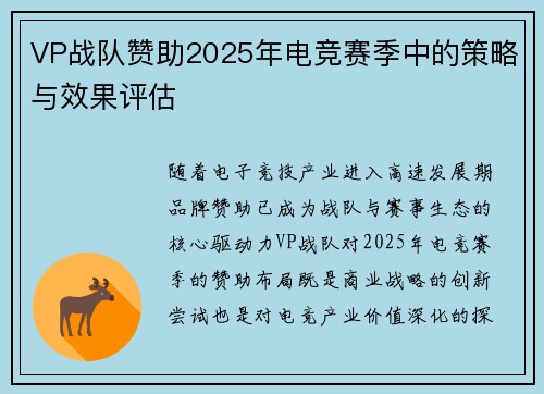 VP战队赞助2025年电竞赛季中的策略与效果评估